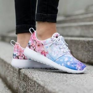 NIKE-White, Blue & Pink Cherry Blossom Floral Platform Wedge Athletic Shoes 6